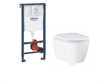 Grohe toiletpakke "alt-i-1" med cisterne, trykknap, Essence væghængt toilet og Soft close sæde