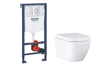 Grohe toiletpakke "alt-i-1" med cisterne, trykknap, Euro væghængt toilet og Soft close sæde