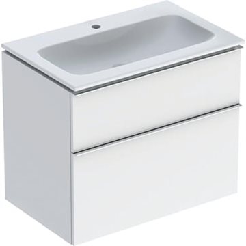 Geberit iCon sæt, håndvask til montering på underskab smalt design, med underskab, to skuffer og håndvasktilslutning: B=75cm, H=63cm, T=48cm, hvid , hvid / lakeret højglans, blankforkromet