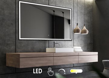 Firkantet spejl med matsort ramme og integreret LED lys, front lysstyring 100 x 80 cm