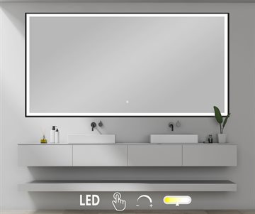 Firkantet spejl med matsort ramme og integreret LED lys, front lysstyring 60 x 80 cm