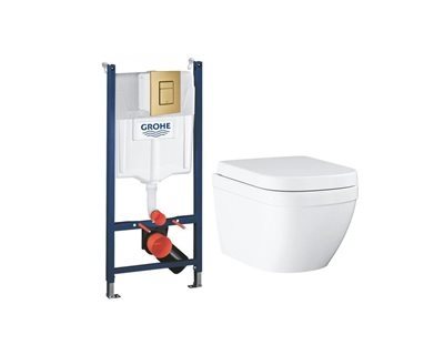 GROHE Euro Alt-i-1 Toiletpakke inkl. Sæde m/softclose, Betjeningsplade i Børstet Messing & Cisterne 113cm