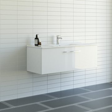 Dansani Mido+ møbelsæt 121cm m/Amber vask og 1 skuffe, hvid højglans + GRATIS INDRETNINGSBAKKE