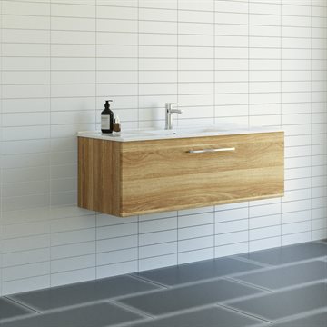 Dansani Mido+ møbelsæt 121cm m/Amber vask og 1 skuffe, Varm eg + GRATIS INDRETNINGSBAKKE