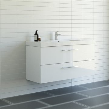 Dansani Mido+ badeværelsesmøbel 121cm m/2 skuffer og greb, Hvid højglans