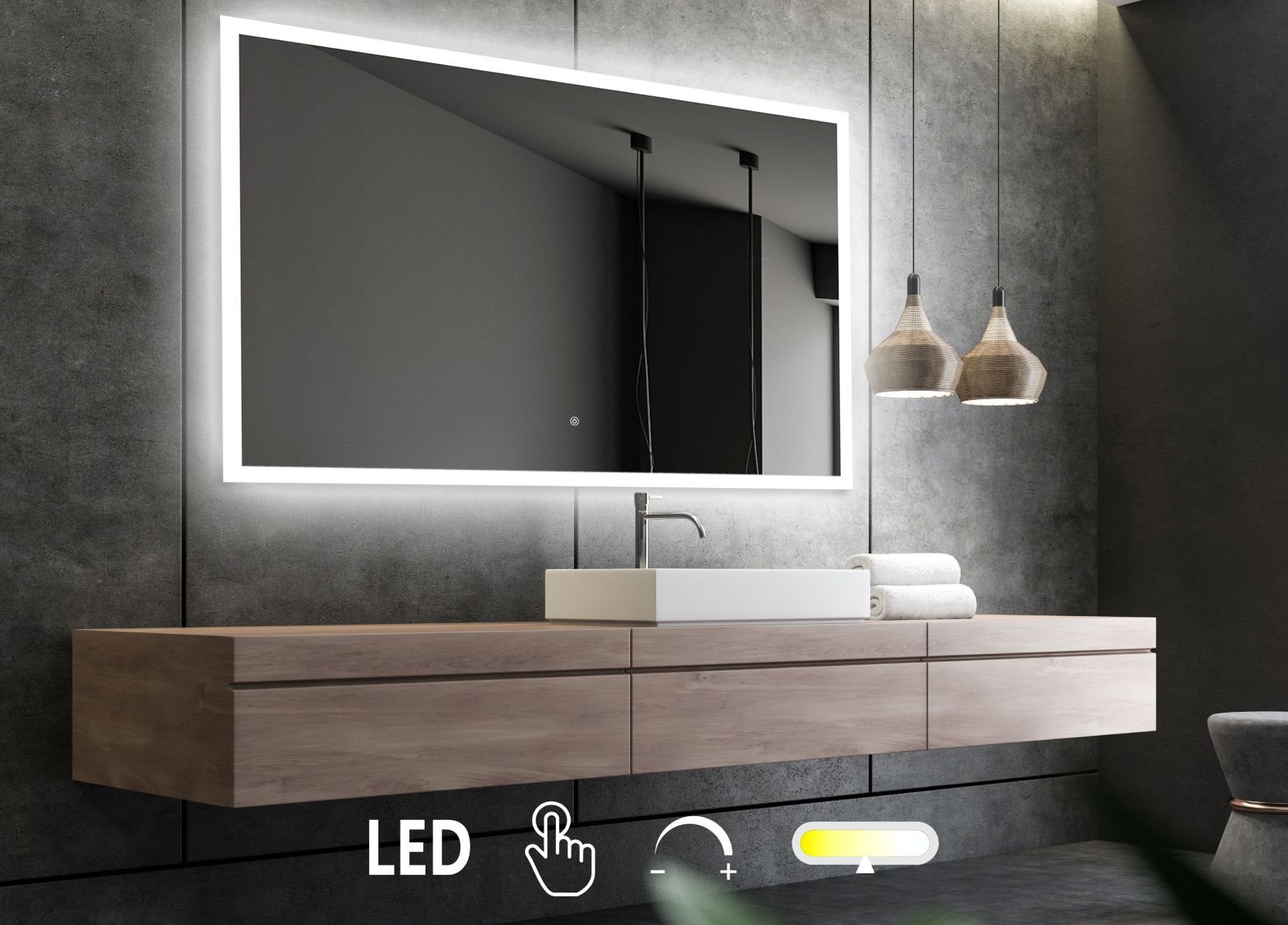 Utilfreds direkte kompression Firkantet spejl med LED lys, front og back & lysstyring - fås i flere  størrelser