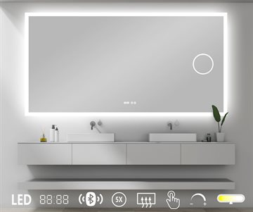 Firkantet spejl med LED lys, kosmetikspejl, dæmpning, antidamp, højtalere & farveskift - 100 x 80 cm