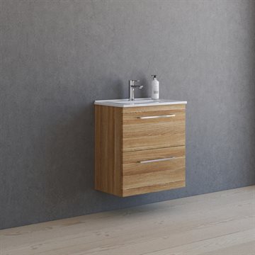Dansani Mido+ møbelsæt 61cm m/2 skuffer og Amber Mini vask, Varm eg + GRATIS INDRETNINGSBAKKE