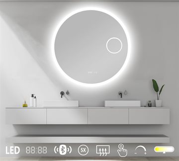 Rundt spejl med LED lys, kosmetikspejl, dæmpning, antidamp, højtalere & farveskift - 80 cm