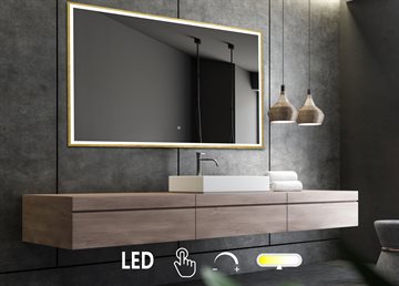 Firkantet spejl med børstet rosaguld ramme og integreret LED lys, front lysstyring 60 x 80 cm