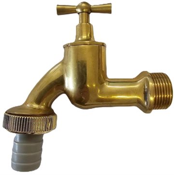 Aftapningsventil 3/4" i poleret messing og m/ slangestuds i hvid plastik.