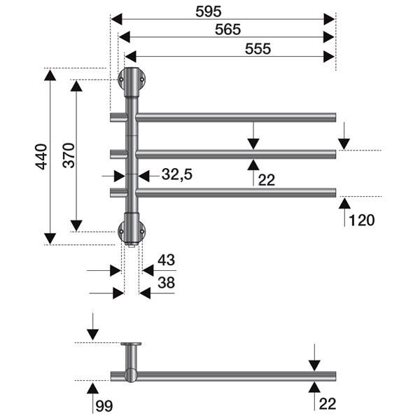 Strømberg Fondo håndklædetørre for el-tilslutning - 440 x 595 mm - 30 W - 3 arme