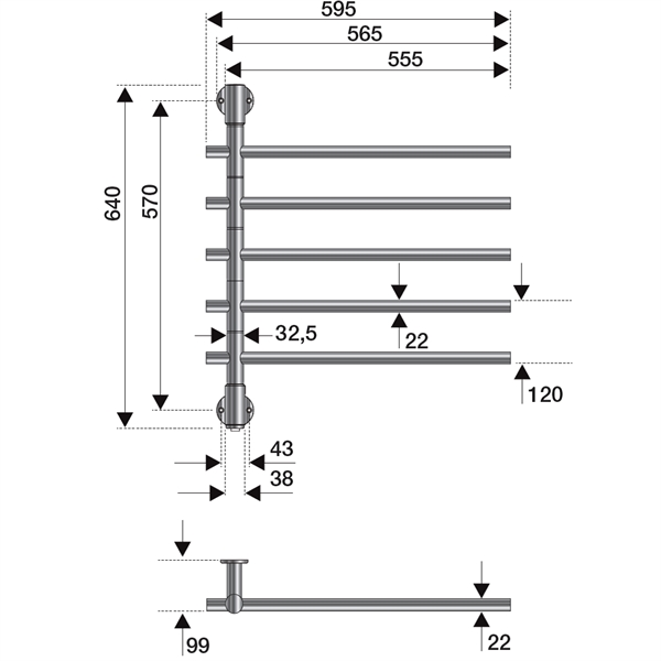 Strømberg Fondo håndklædetørre for el-tilslutning - 640 x 595 mm - 50 W - 5 arme