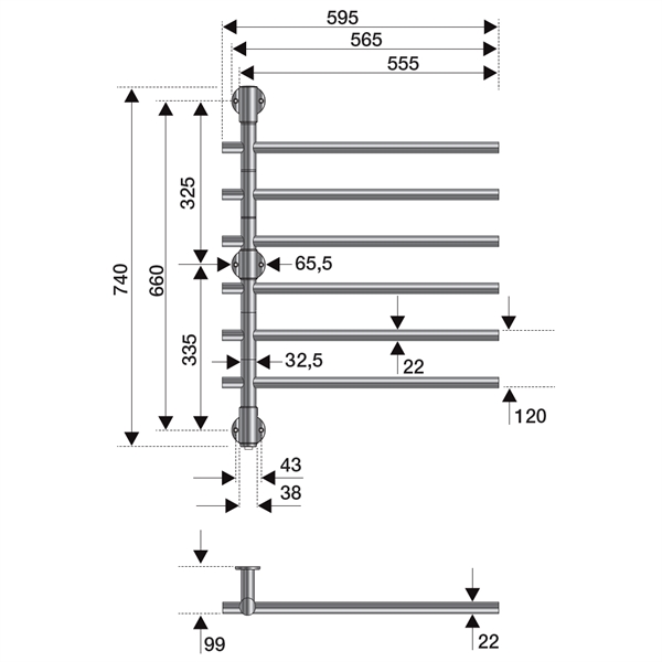 Strømberg Fondo håndklædetørre for el-tilslutning - 740 x 595 mm - 60 W - 6 arme