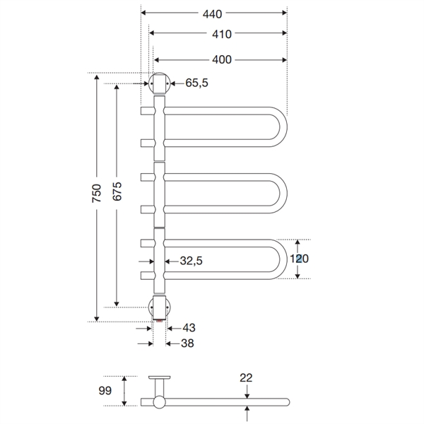 Strømberg Varzo Håndklædetørrer til EL - 3 Arme 750x440 - 48 w - VRE4530