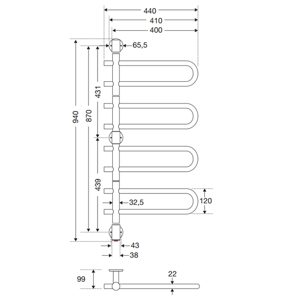 Strømberg Varzo Håndklædetørrer til EL - 4 Arme 940x440 - 70 w - VRE4540