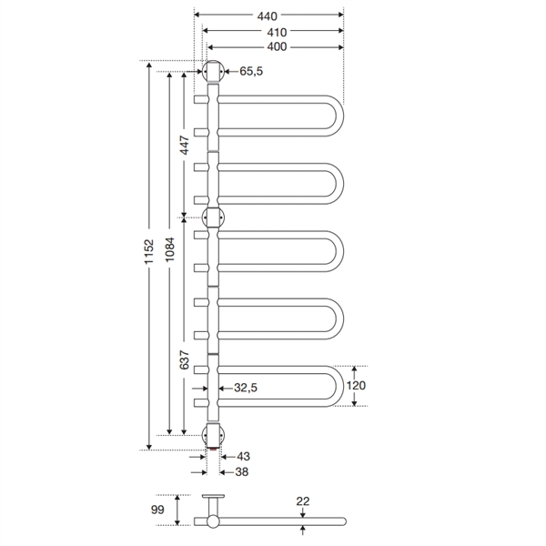 Strømberg Varzo Håndklædetørrer til EL - 5 Arme 1150x440 - 78 w - VRE4550