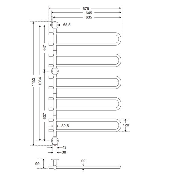 Strømberg Varzo Håndklædetørrer til EL - 5 Arme 1150x675 - 93 w - VRE6550