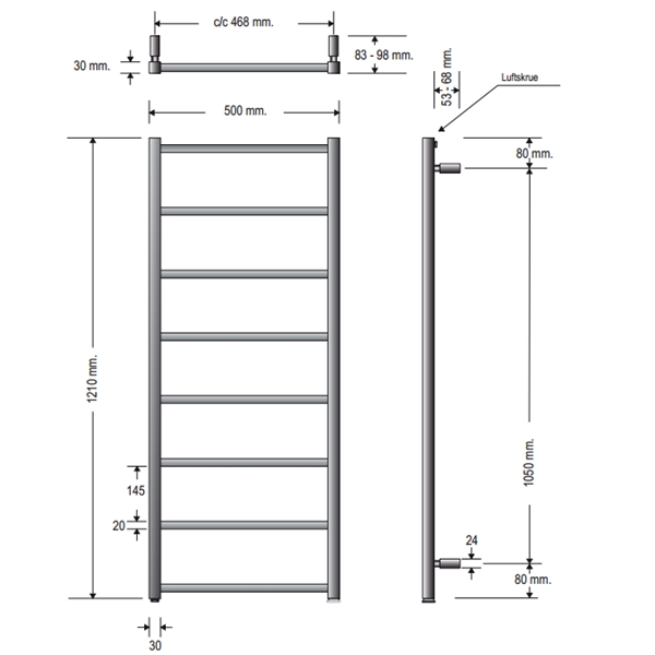 Strømberg Hagen Håndklædetørrer  - Krom - 1210x500 - 191 w - C/C 468 HKC1250